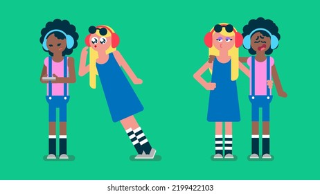 blonde teenage girl Peeping at her friend's phone with twinkling eyes, black african afro girl wear headphone and hugs her friend, black and white peaple, Flat avatar vector illustration.	
