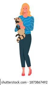 Blonde in trousers stands with raccoon in her arms. Exotic fluffy pet. Pet owner. Woman take care of raccoon. Playful curious wild animal. Keep animal. Veterinary care. Flat illustration on white