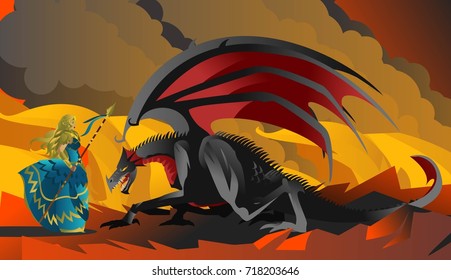 blonde valkyrie warrior with black dragon in the fire