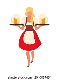 Blonde Waitress With Beer Semi Flat Color Vector Character. Full Body Person On White. Wearing Traditional Costume Isolated Modern Cartoon Style Illustration For Graphic Design And Animation