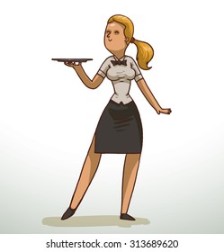 Blonde waitress holding a tray, vector