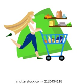 The blonde walks carelessly around the supermarket with a shopping cart