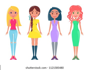 Blonde wears blue jeans, braided girl in yellow dress, purple gown on short haircut woman, redhead lady with elegant green outfit vector characters.