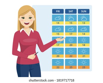 Blonde weatherwoman smiling in a weather presentation. Vector illustration