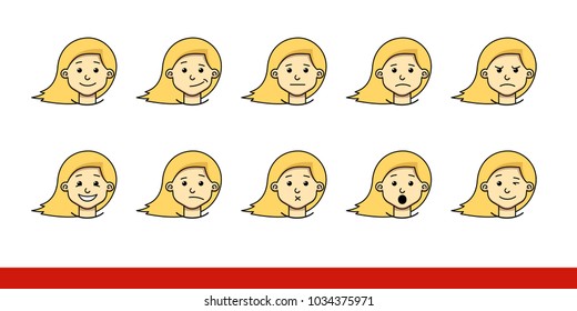 Blonde white girl face expression, set of cartoon vector EPS illustrations isolated on white background. Kid emotion face icons, facial expressions