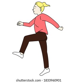 A blonde white woman in pink sweatshirts and brown trousers, skipping happily