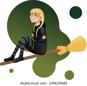 Blonde witch flying on a broomstick in a dress with an abstract green background.