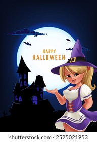 Rubia bruja pin up halloween posando en el cementerio en la noche postal ilustración invitación