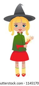 blonde witch works a spell with magic wand. vector illustration