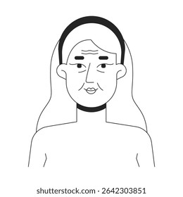 Blonde woman aging skin with wrinkles outline illustration. Anti-aging skincare. Caucasian white female fine lines facial 2D line character isolated on white. Monochrome vector ink linear image