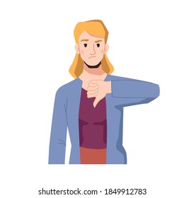 Blonde woman with annoyed or disgruntled expression on face showing thumbs down. Disapproval or negative thoughts, gesturing female character. Displeased or complaining girl. Vector in flat style