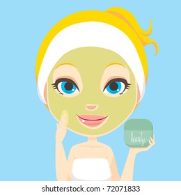 Blonde woman applying facial beauty skin care cream mask treatment