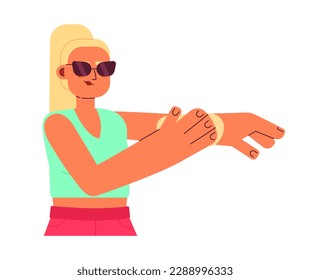 Blonde woman applying sun protection semi flat colorful vector character. Using sunscreen. Editable half body person on white. Simple cartoon spot illustration for web graphic design and animation