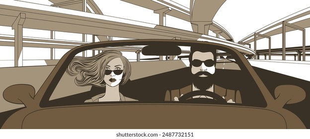 Una mujer rubia con un hombre barbudo conduciendo un coche con el telón de fondo de un paso elevado y el horizonte de la ciudad. Una pareja enamorada, un hombre y una mujer, conducen en un coche. Ilustración vectorial.