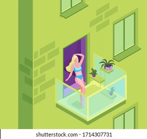Blonde Woman In Bikini Sunbathing On The Roof Of Residential Building During Quarantine Time, Girl Getting A Suntan At The Balcony Of Apartment House, Stay Home Concept, 3d Isometric Illustration
