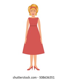 blonde woman with blue dress and eighties hairstyle