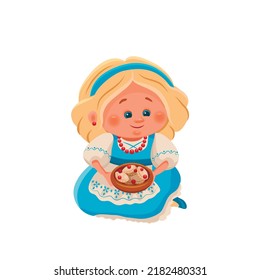 A blonde woman in a blue dress and with a blue ribbon in her hair holds a pot of dumplings with cherries in her hands, cartoon illustration of cute girl, icon for greeting card, isolated on white
