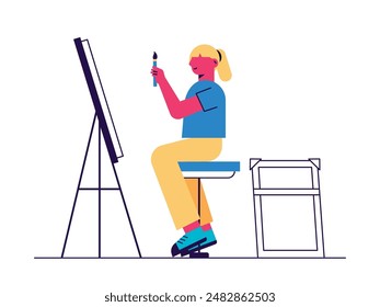 Blonde woman in blue shirt learning to paint, art creative studio. Character design. Vector flat illustration