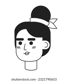 Blonde woman with bun hairstyle monochrome flat linear character head. Trendy ribbon on hair. Editable outline hand drawn human face icon. 2D cartoon spot vector avatar illustration for animation
