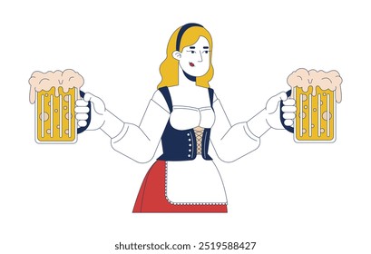 Mujer rubia que lleva las tazas del carácter 2D de la historieta de la cerveza artesanal. Camarera bonita que sirve a los clientes en el Vector plano aislado de la persona de oktoberfest en el fondo blanco. Ilustración de punto colorido