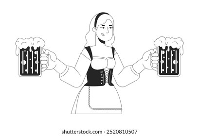 Mujer rubia que lleva las tazas de la cerveza del arte negro y blanco 2D carácter de la línea. Camarera bonita que sirve a los clientes en la persona aislada del contorno del Vector de oktoberfest. Ilustración de punto monocromático