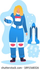 Blonde woman character cosmonaut in space suit hold protective helmet, rocket spacecraft flat vector illustration, isolated on white. Female professional astronaut ready to launch starship.