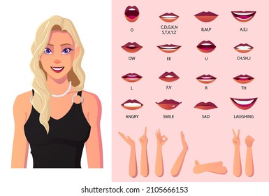 Personaje femenino rubio, animación bucal y sincronización de labios, mujer hermosa con un vector premium de vestir negro