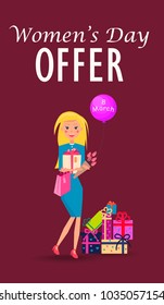 Blonde woman with colored packaged purchases, bouquet of tulips and pink balloon with lettering 8 march on womens day offer card vector illustration.