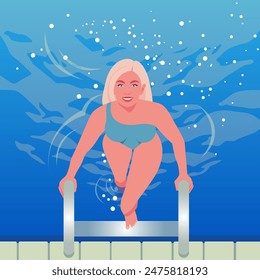 A blonde woman comes out of the pool and climbs the stairs. Summer holidays at the resort. Vector flat illustration