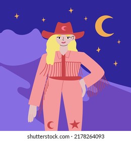 Blonde woman with cowboy hat and jacket with fringe. Stylish cowgirl standing. Mountain night landscape background Vector flat illustration in wild west, disco cowboy, cosmic concept