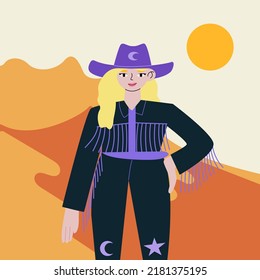 Blonde woman with cowboy hat and jacket with fringe. Stylish cowgirl standing. Desert landscape background Vector flat illustration in wild west, disco cowboy concept