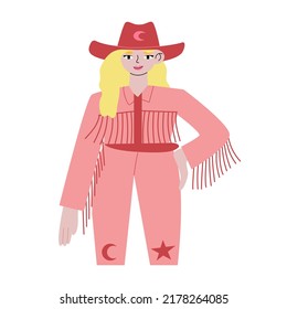 Blonde woman with cowboy red hat and pink jacket with fringe. Stylish cowgirl standing. Vector flat illustration on isolated background. Wild west, disco cowboy concept