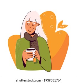 A blonde woman in a cozy olive sweater and a scarf warms her hands about a cup of tea. Tea break. Vector flat illustration isolated on orange autumn background.