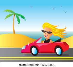 Blonde woman cruising in a red convertible at the beach.