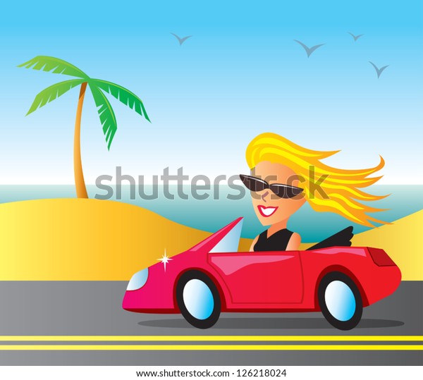 Blonde\
woman cruising in a red convertible at the\
beach.