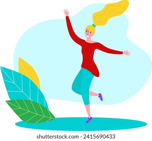 Blonde woman dancing joyfully, cartoon style with abstract leaves. Happy young female celebrating, colorful vector illustration.