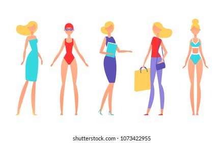 Blonde woman in different styles of clothes, with different hairstyles and poses. Model in simple flat abstract style. Vector illustration.