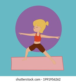 blonde woman doing yoga, on a purple circle background