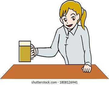 Blonde woman drinking beer alone
