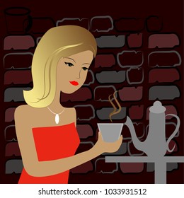 Blonde woman drinking coffee against a brick wall in a cafe