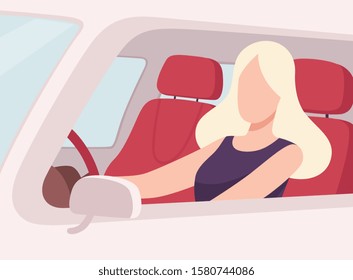 Blonde Woman Driving a Car, View from the Inside, Female Driver Character Holding Hands on a Steering Wheel Vector Illustration