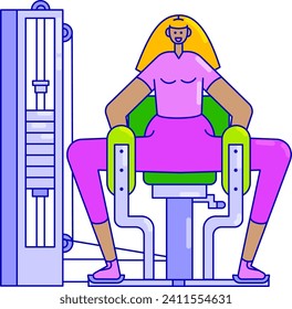 Blonde woman exercising on gym machine. Fitness, workout, and healthy lifestyle concept. Female gym workout routine vector illustration.