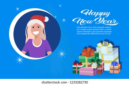 blonde woman face avatar red hat happy new year merry christmas concept present gift box decoration flat female portrait blue background horizontal copy space vector illustration