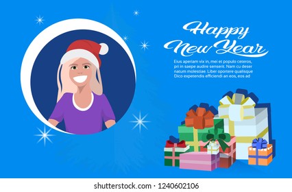 blonde woman face avatar red hat happy new year merry christmas concept present gift box decoration flat female portrait blue background horizontal copy space