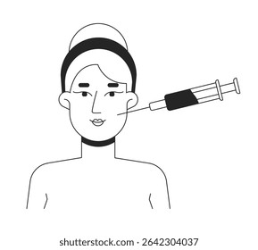 Mulher loira cosmética facial linha de injeção conceito ilustração. Enchimento dérmico. Caucasiana branca pele feminina procedimento estético esboço 2D caráter isolado. Arte vetorial de metáfora linear de tinta
