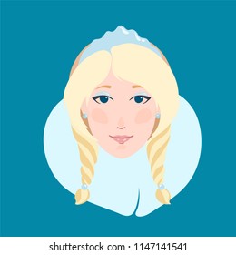 Blonde woman flat portrait as Snow maiden Snegurochka in kokoshnik ice crown and blue fur coat smiling vector illustration