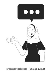 Blonde woman gesturing with chat bubble three dots black and white 2D line character. Caucasian female messaging talking balloon isolated vector outline person. Monochromatic spot illustration