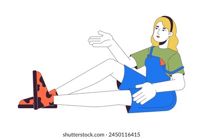 Blonde woman gesturing while sitting 2D linear cartoon character. Relaxed female communicating isolated line vector person white background. Chilling out time color flat spot illustration