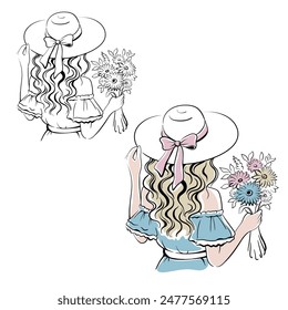 Mujer rubia niña en un vestido de verano azul y sombrero con un ramo de flores. Vista posterior, sensación de amor propio, felicidad, armonía, emociones positivas. Chica tranquila y feliz. Monocromo y color