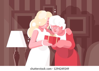 Blonde woman giving present to her middle-aged mother. Warm picture of family together flat style vector illustration. Parents day and affection concept. Living room on background